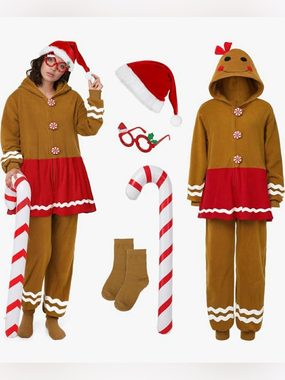 Gingerbread Adult Hoodie Pajama Set with socks, glasses & candy cane XXL NEW